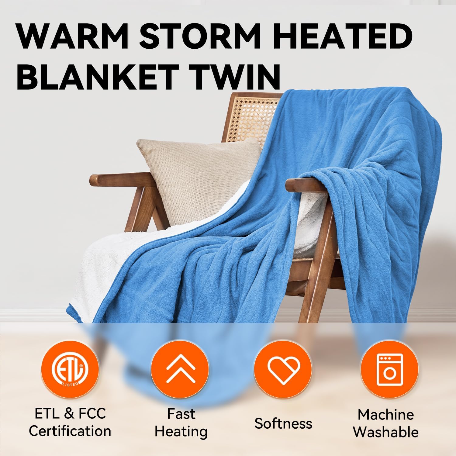 Warm Storm Electric Blanket Twin Heated Blanket Sherpa&Polar Fleece 10 Heating Levels 12 Hours Auto Off Machine Washable Blue 62"x 84" - Image 7