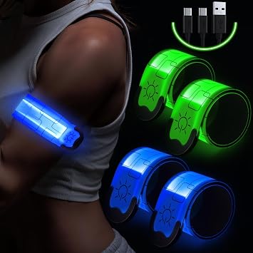 Simket Reflective LED Armband Rechargeable for Running4 Pack, Running Lights for Runners, Running Lights, High Visibility Reflective Running Gear Adjustable Light Up Arm Bands for Men Women Kids