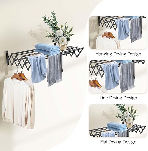Miniatura 6 de Vikaqi Estante de secado de ropa para montar en la pared, plegable para colgar en la pared, estante plegable para interiores, tendedero plegable