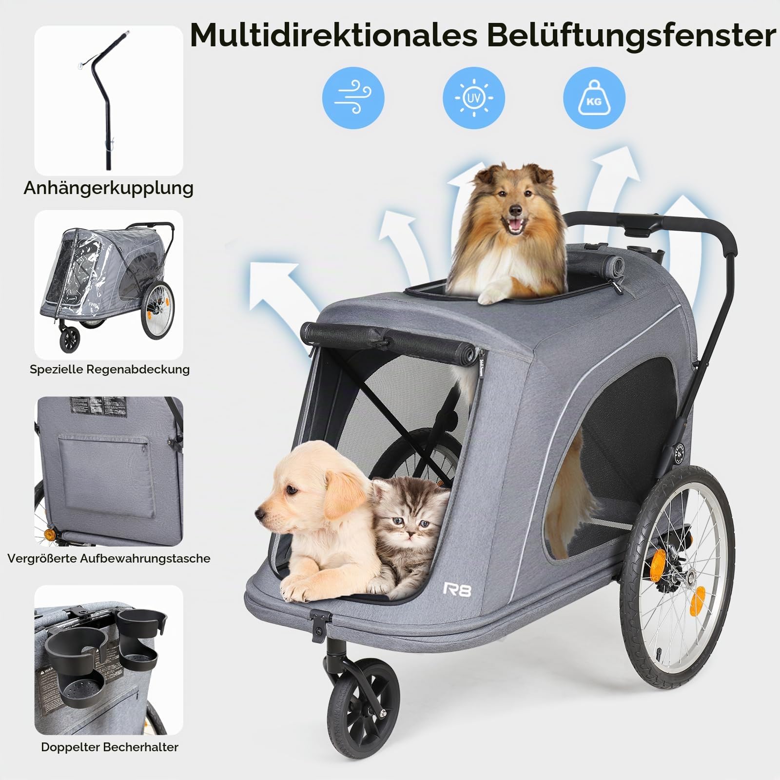 Beberoad 2-in-1 Hundeanhänger für Fahrrad & Hundebuggy, R8 Fahrradanhänger für Hunde und Tieren, hundewagen Klappbar für Hunde ältere, behinderte und trächtige