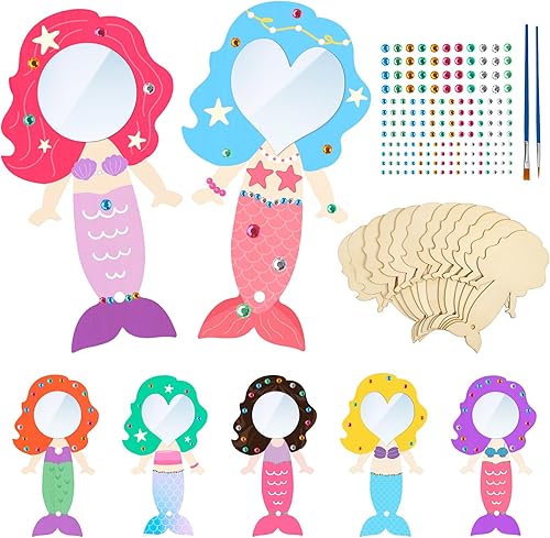 Miniatura 8 de Paquete de 12 espejos de madera para niños, decora tu propia princesa, espejos para niñas, pintura de bricolaje, espejo de mano de madera para