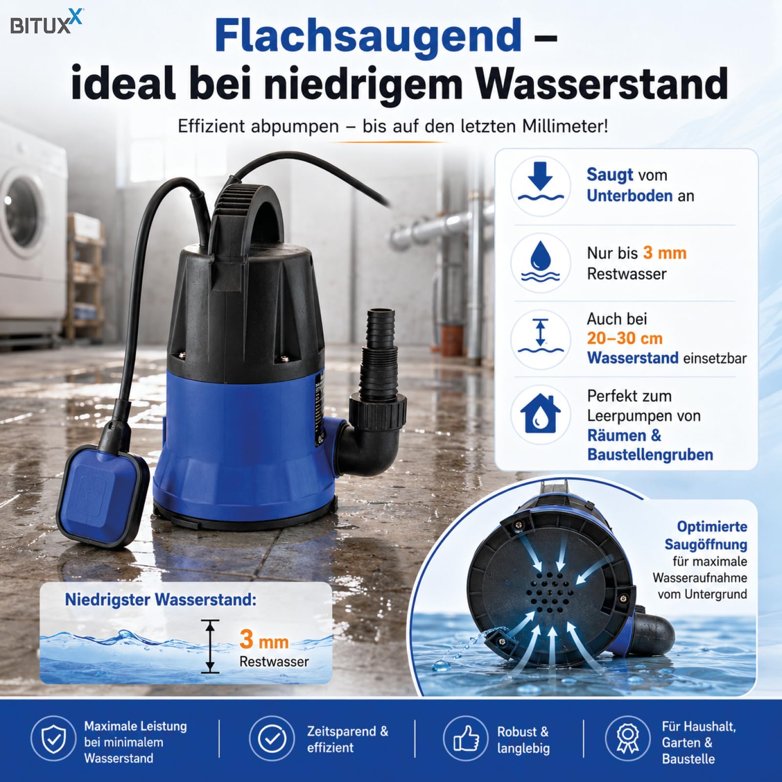 BITUXX® Flachsaugende 400W Schmutzwasser Tauchpumpe für Brunnen Zisterne Bewässern Garten Regentonne Bis 5000 Liter/h 1,0-1,5 Zoll Förderhöhe 7 Meter