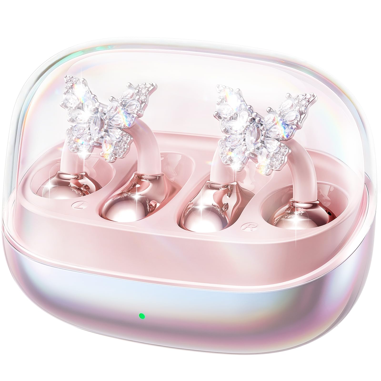 Kinglucky Gen2 Clip-On Earbuds with Butterfly Earrings, Charge & Store Without Removing Earrings, Comfortable Fit & 50H Playtime Open-Ear Bluetooth Headphones for Women, Small Ears, Gifts Transparent-image-10