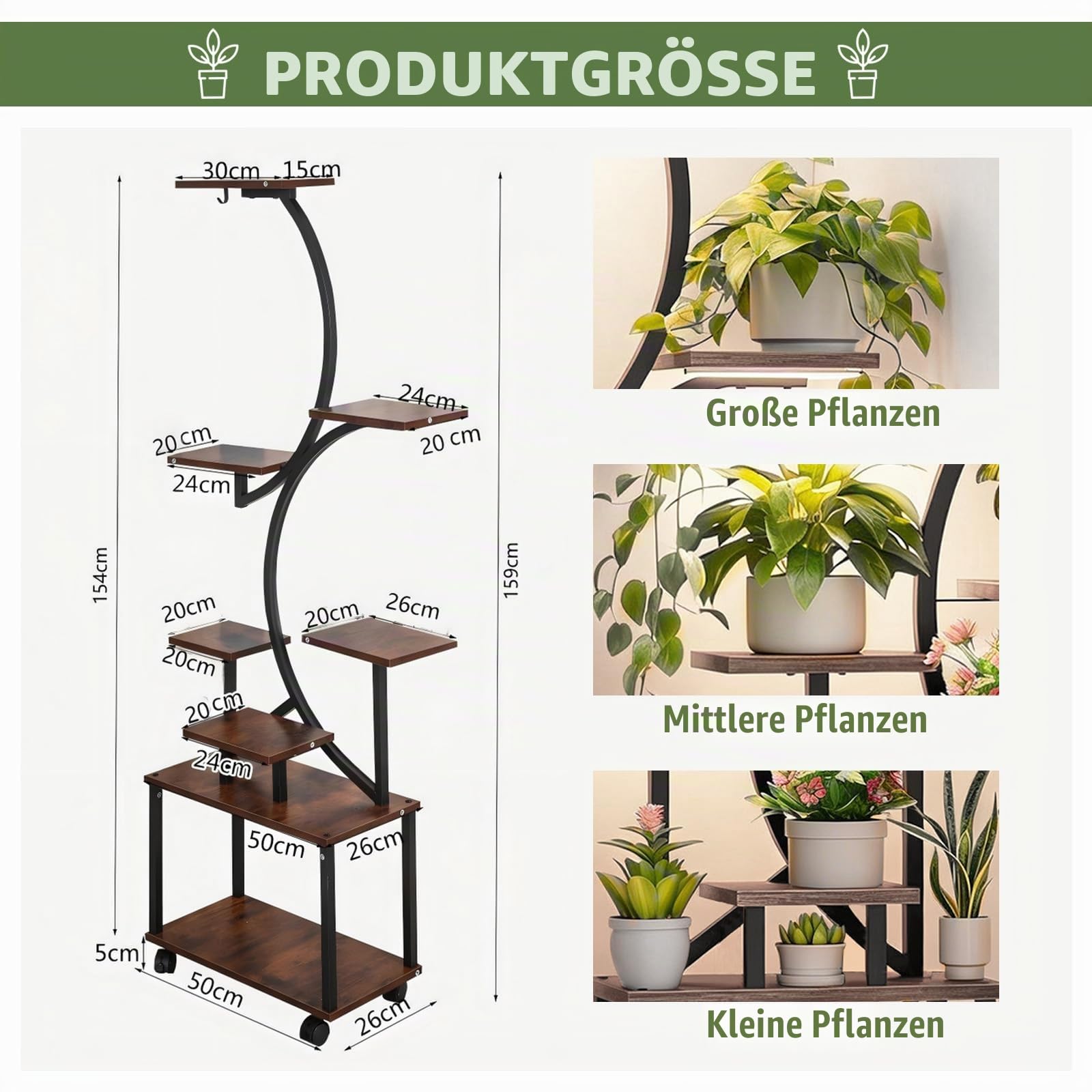 Pflanzenständer mit Wachstumslicht und 4 Rollen, 8 Etagen 159cm Höhe Pflanzenregal Indoor, Blumenständer , Metall-Holz Pflanzenregal für Innen & Außen - Mobiles Blumenregal für Balkon, Büro,Wohnzimmer
