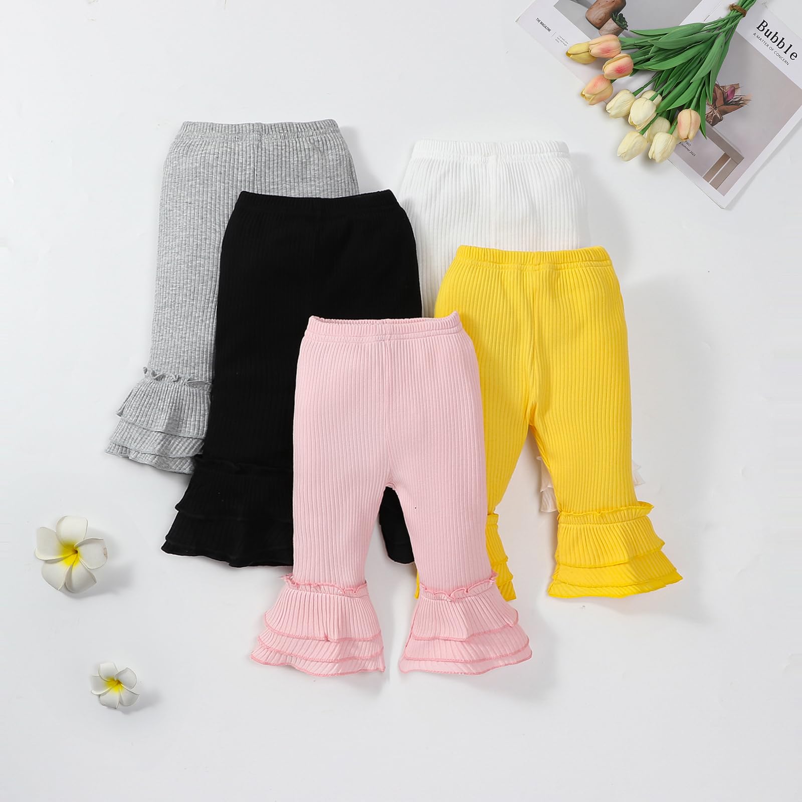 LYQTloml Toddler and Baby Girl Stretchy Flare Pants with Ruffle Fleece Pants and Leggings 5-Pack Colorful