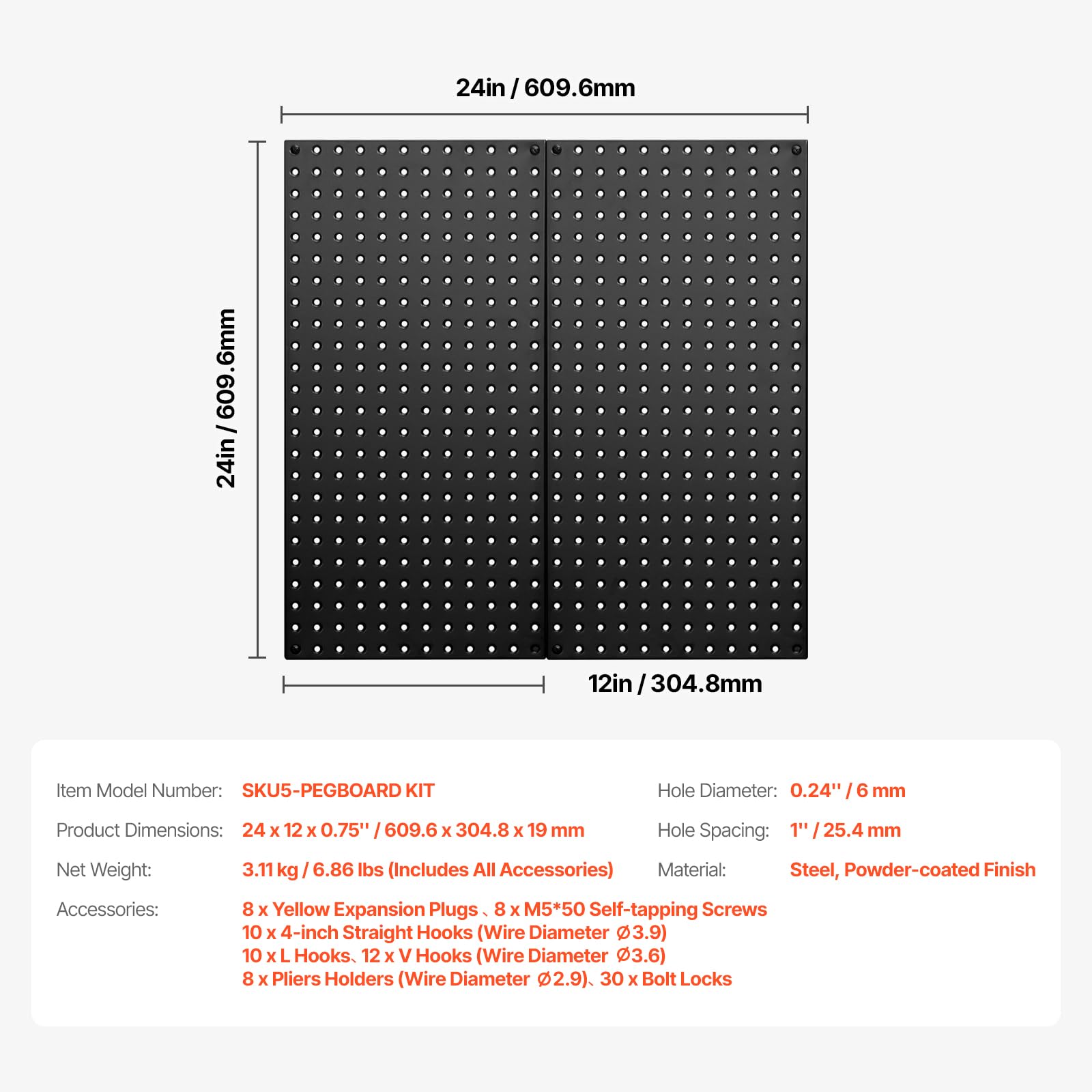 VEVOR Panneau Perforé Mural 609,6x304,8 mm Organiseur Garage en Métal Robuste avec 2 Panneaux Perforés, Accessoires, Kit Rangement d'Outils pour Salle d'Artisanat, Maison, Entrepôt, Magasin, Noir