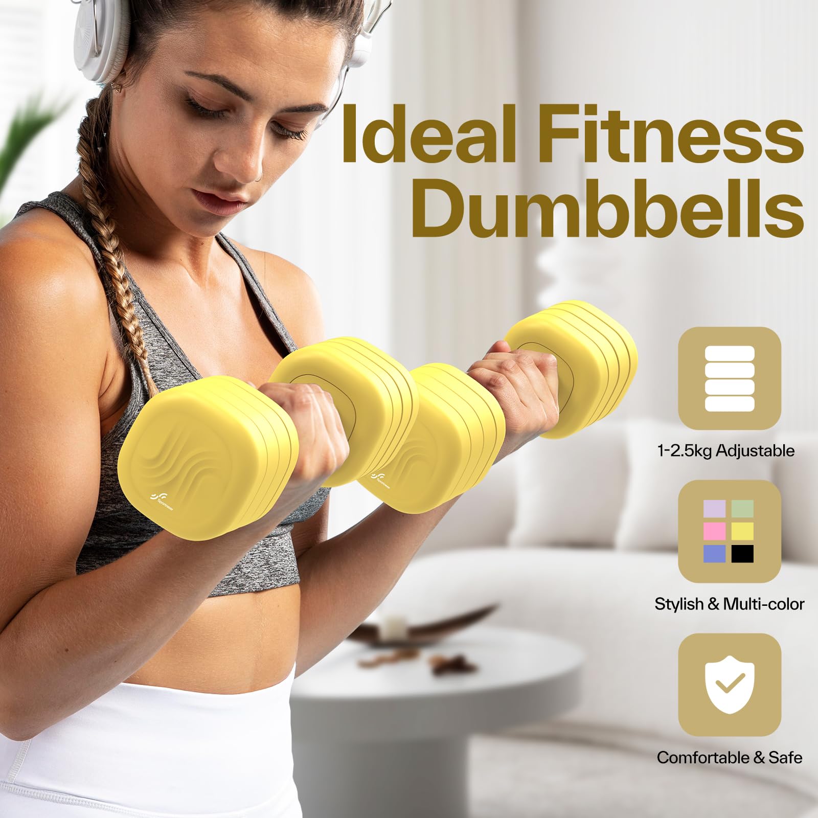 Sportneer Regulowane hantle dla kobiet – zestaw hantli 2 sztuki (po 1 – 2,5 kg) z antypoślizgowym uchwytem z tworzywa TPU, zestaw hantli 4 w 1 do sprzętu fitness do domu, domowa siłownia i trening