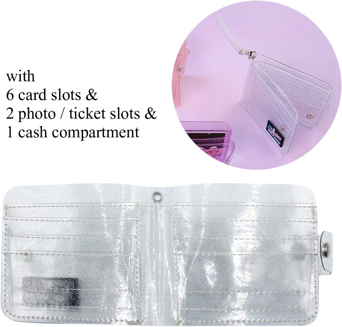 Women Girls Jelly Bifold Wallet Purse Coin Pouch Clear ID Card Holder Case with Detachable Neck Lanyard Strap for Photocards