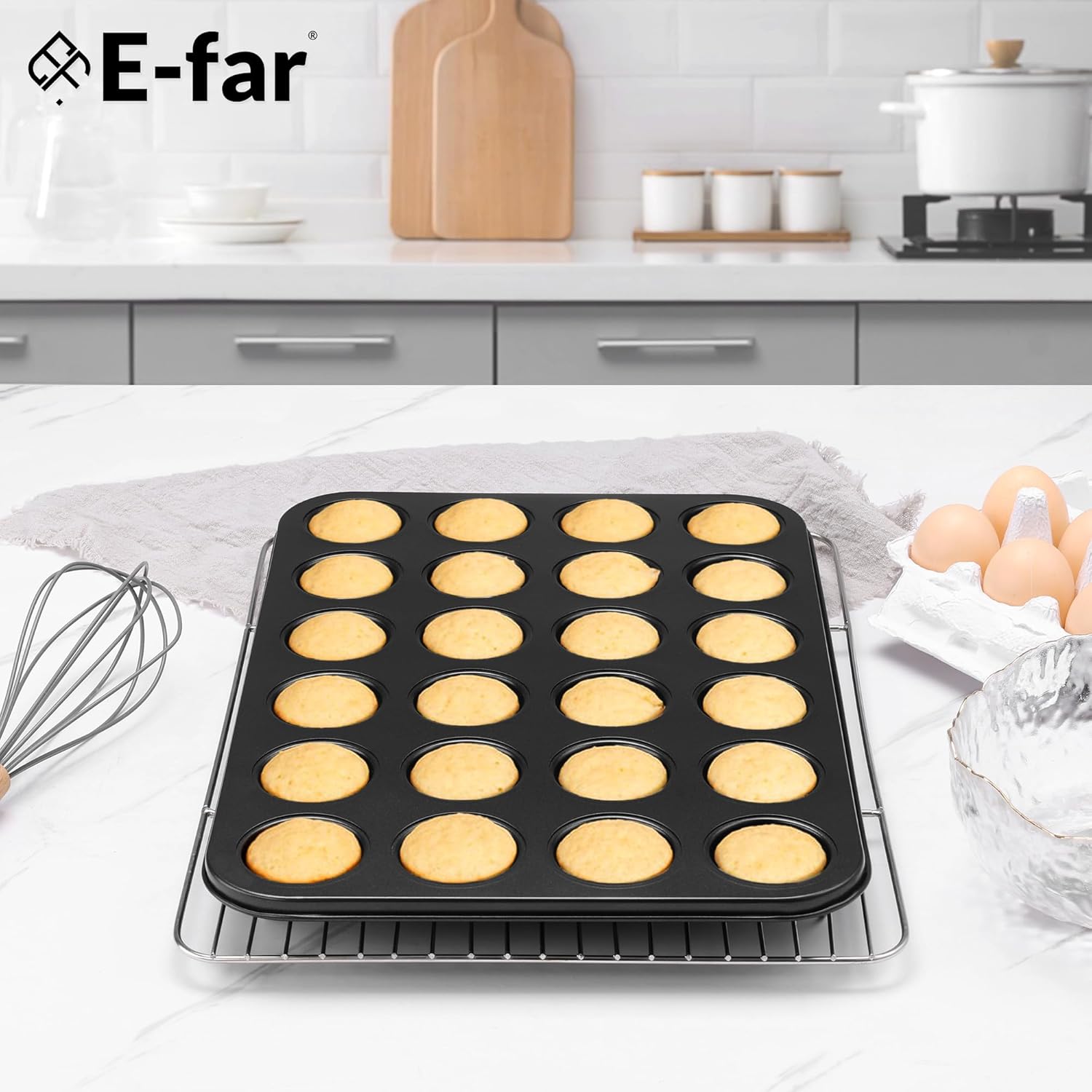 E-far Mini Muffin Pan - 24-Cup Nonstick Carbon Steel Cupcake Tin for Perfect Mini Muffins & Cupcakes, Warp-Free Bakeware for Even Baking & Easy Release, Oven Safe - Image 6
