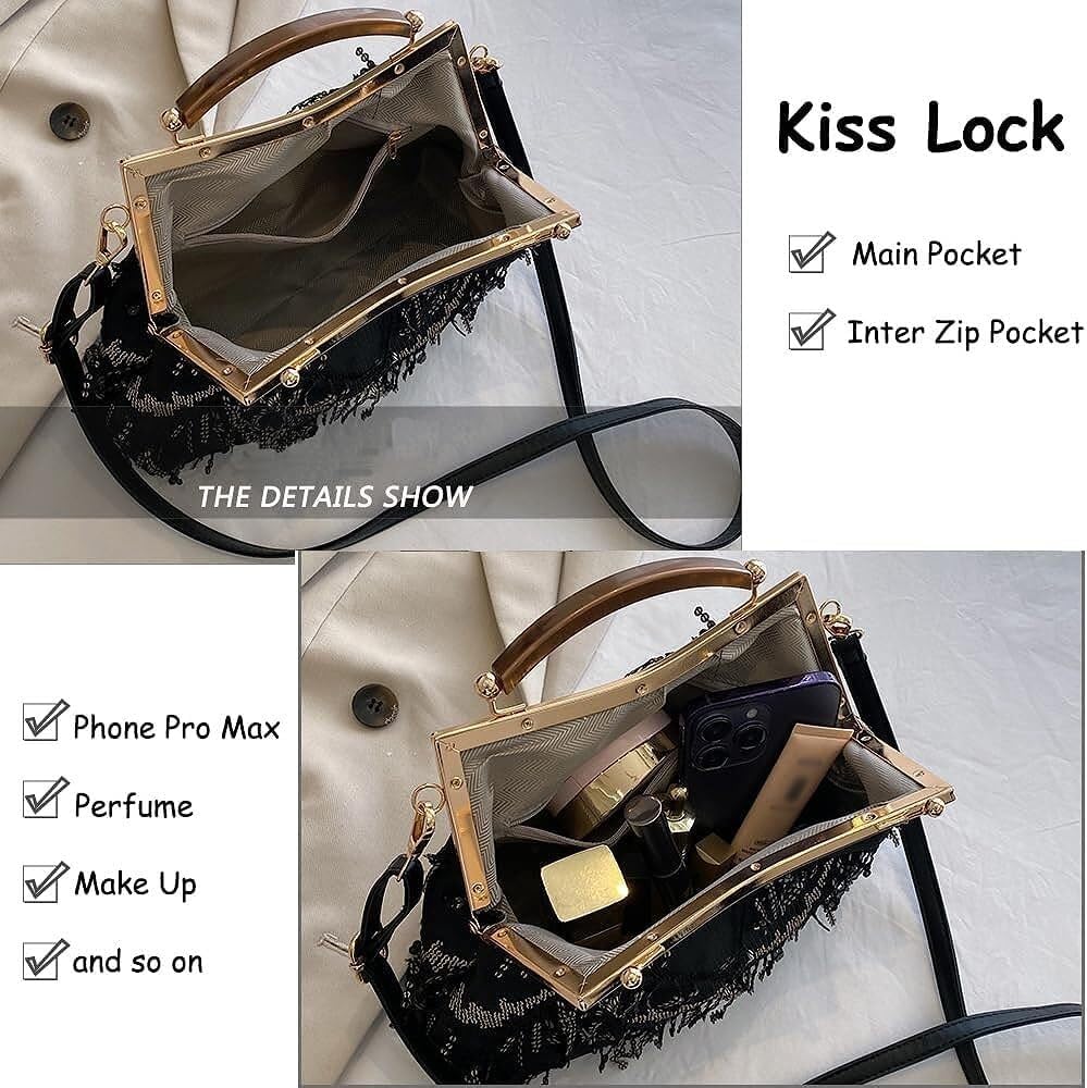 [AMVIKS] 女性イブニングバッグキスロック財布スパンコールタッセルハンドバッグショルダークロスボディバッグクラッチレディウェデ