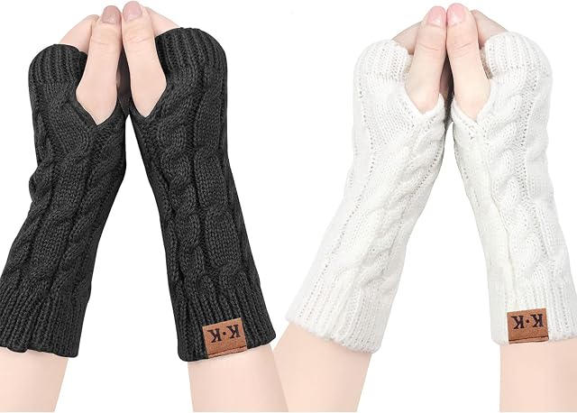 Women Fingerless Gloves - Winter Arm Warmers Thumb Hole Wrist Gloves Thermal Knitted Gloves Fingerless Mittens for Women Men