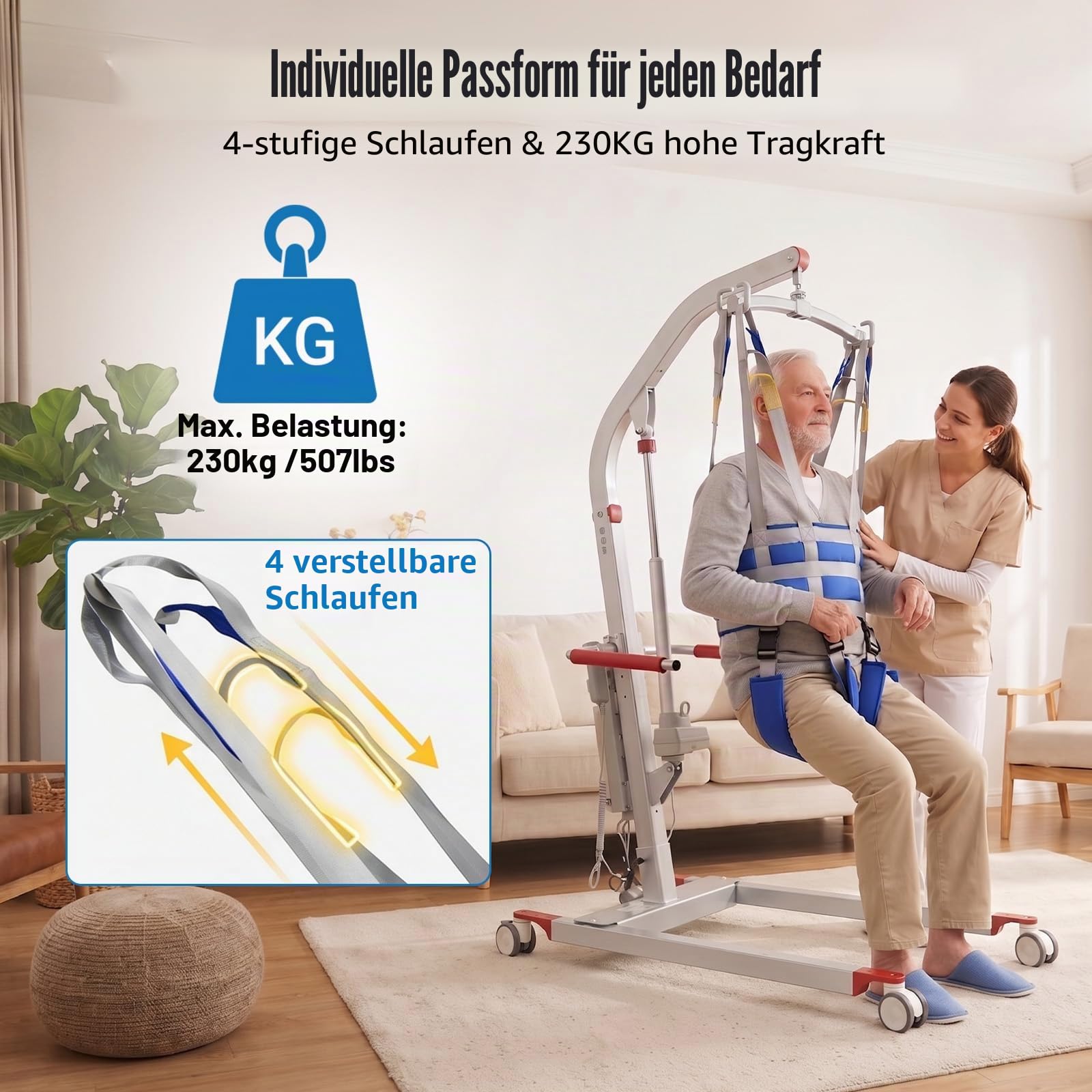 Patientenlifter Hebegurt für Aufstehhilfe — Universal Patienten Transfergurt mit 4-Stufiger Höhenverstellung für Mobilitätshilfen und Stehassistent mit Rücken- und Oberschenkelstütze bis 230 kg