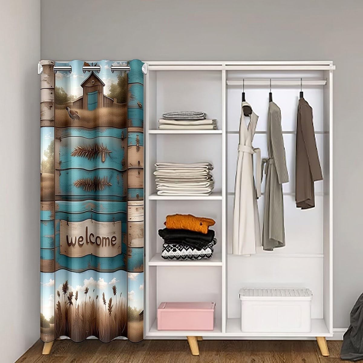 Manfei Farmhouse Door Curtain Grey Blue Wooden Plank Doorway Curtain for Closet Door, Cock Farm Animal Door Drapes Blackout Curtain for Bedroom Privacy, Kids Boys Room Decor, 60"x80" 1 Panel