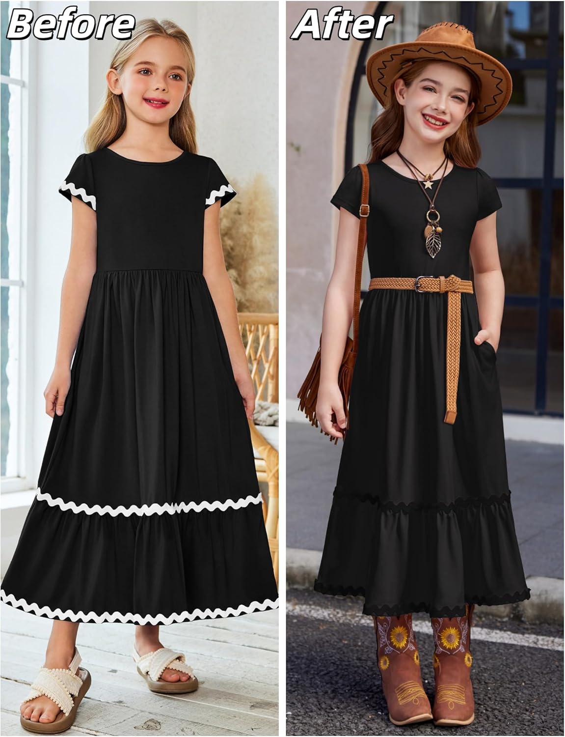 Arshiner Girls Summer Maxi Dresses Short Sleeve Casual Flowy Tiered Dress with Pockets for 4-14 Years - Image 6