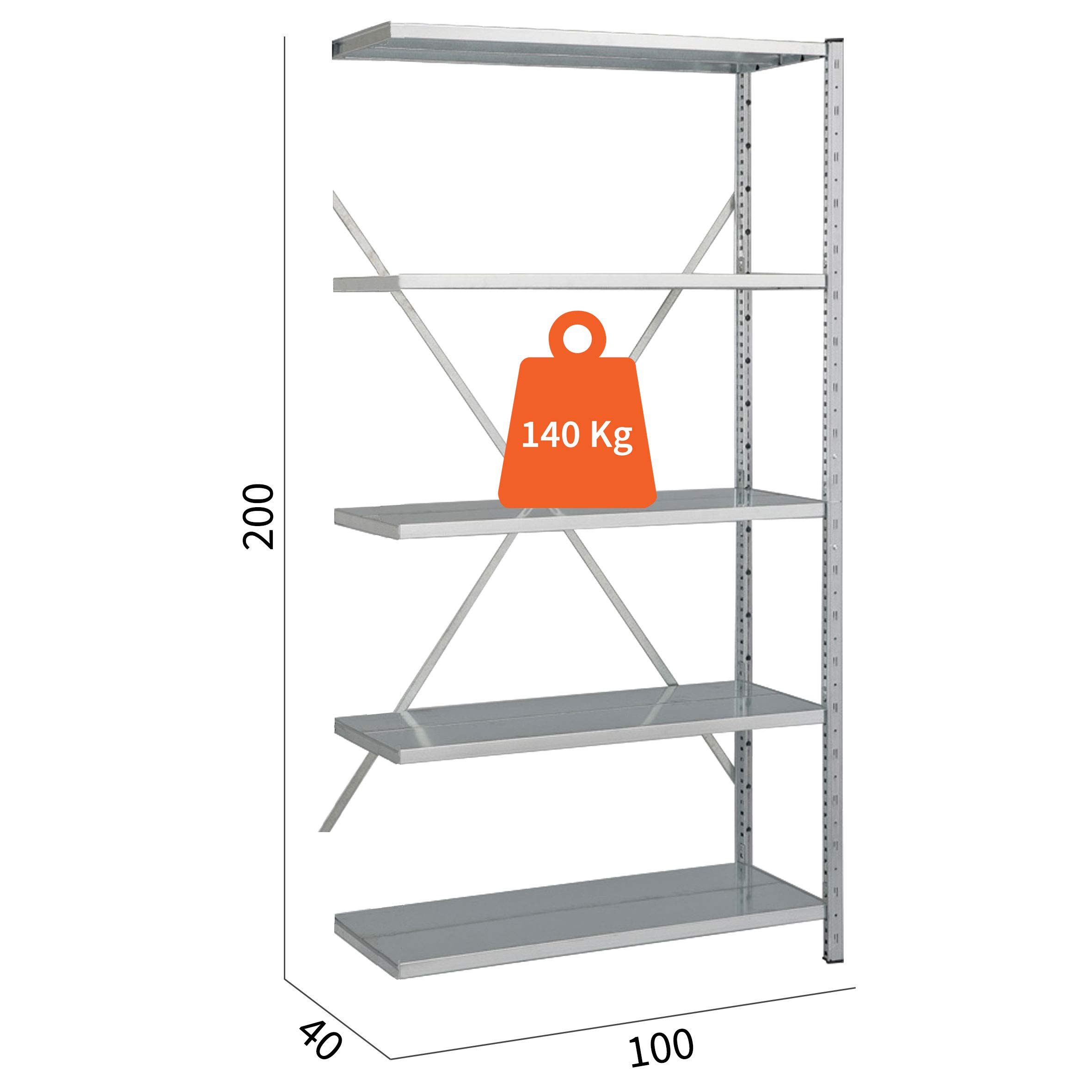 Scaffale PROFESSIONALE in metallo 5 ripiani cm L100xP40xH200, Portata 700 Kg, Zincato, Incastro Modulo ESPANSIONE