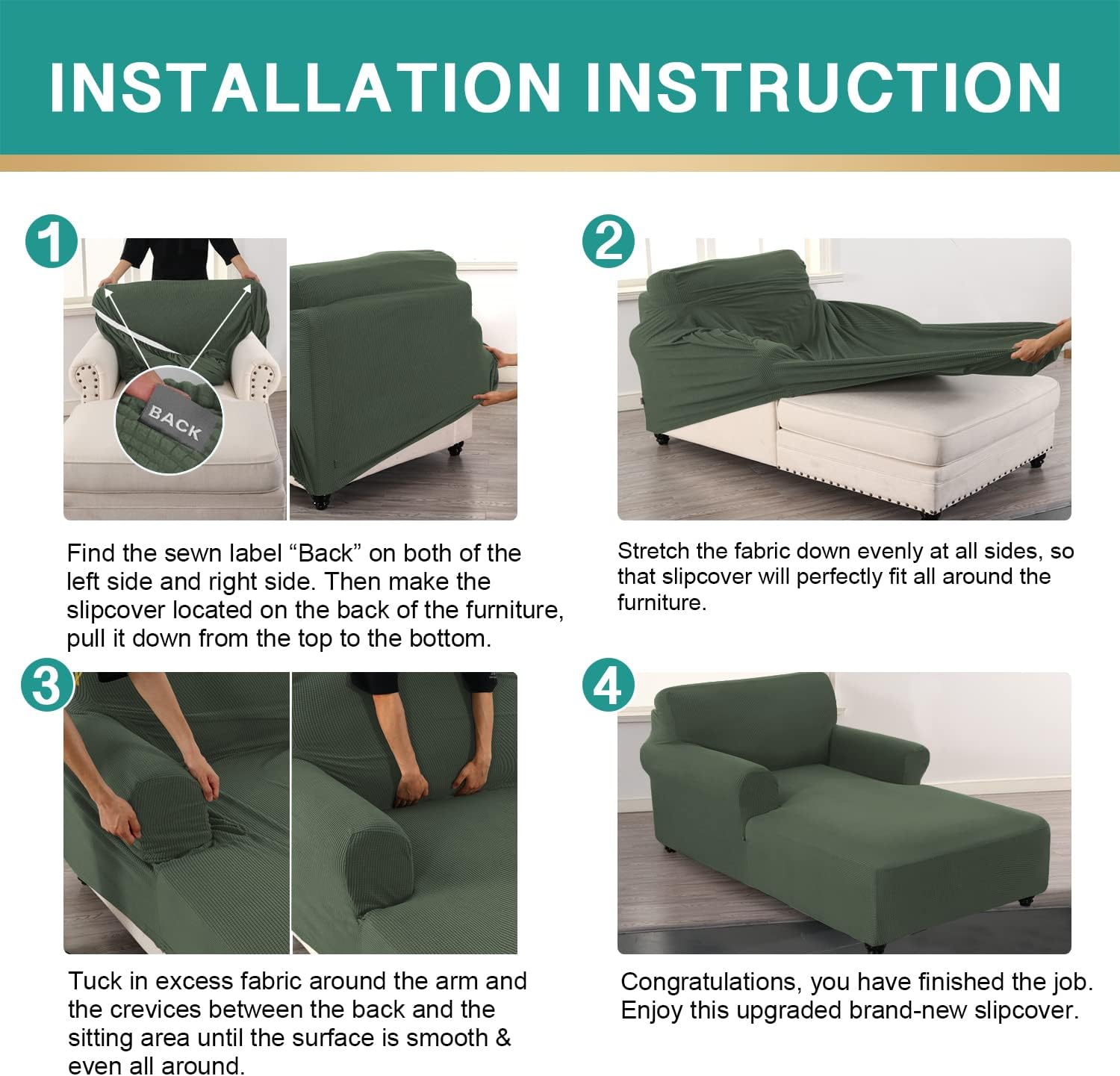 MIFXIN Chaise Lounge Cover Stretch Elastic Chaise Chair Cover Sofa Slipcover with Double Arm for Living Room Bedroom Chaise Couch Furniture Protector Soft Jacquard Fabric (Army Green)