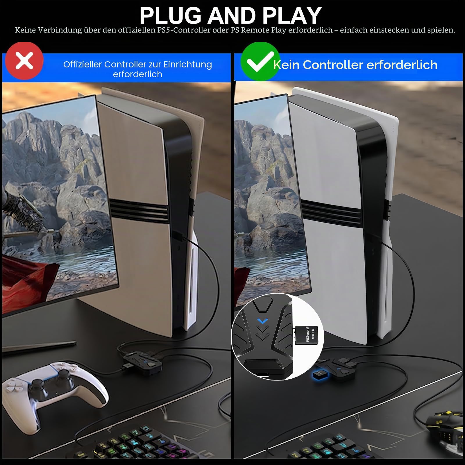 Tastatur und Maus Adapter für PS5/PS5 Slim/PS5 Pro mit P5 General Adapter, 1000Hz Ultra-Low Lag Console Converter für PlayStation 5, Plug-and-Play, Support Custom Mapping, Mouse Sensitivity Adjustment