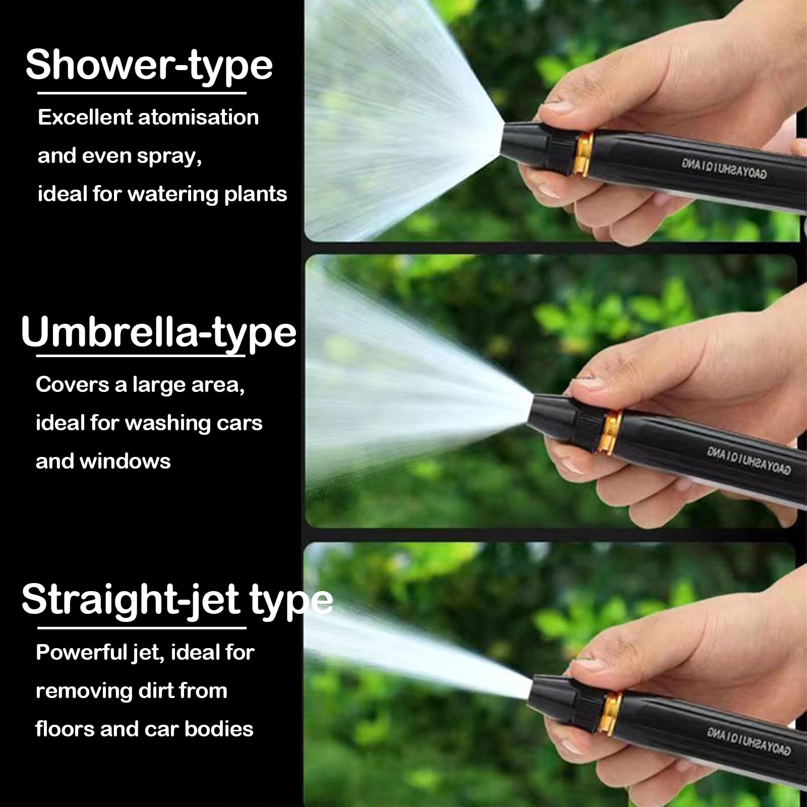 Boquilla de Agua Alta Presión para Manguera, 3 Modos Agua, Boquilla Latón | Chorro Recto, Abanico y Ducha, 3 Conectores Universales, para Lavado de Coches, Jardinería, Limpieza de Patios