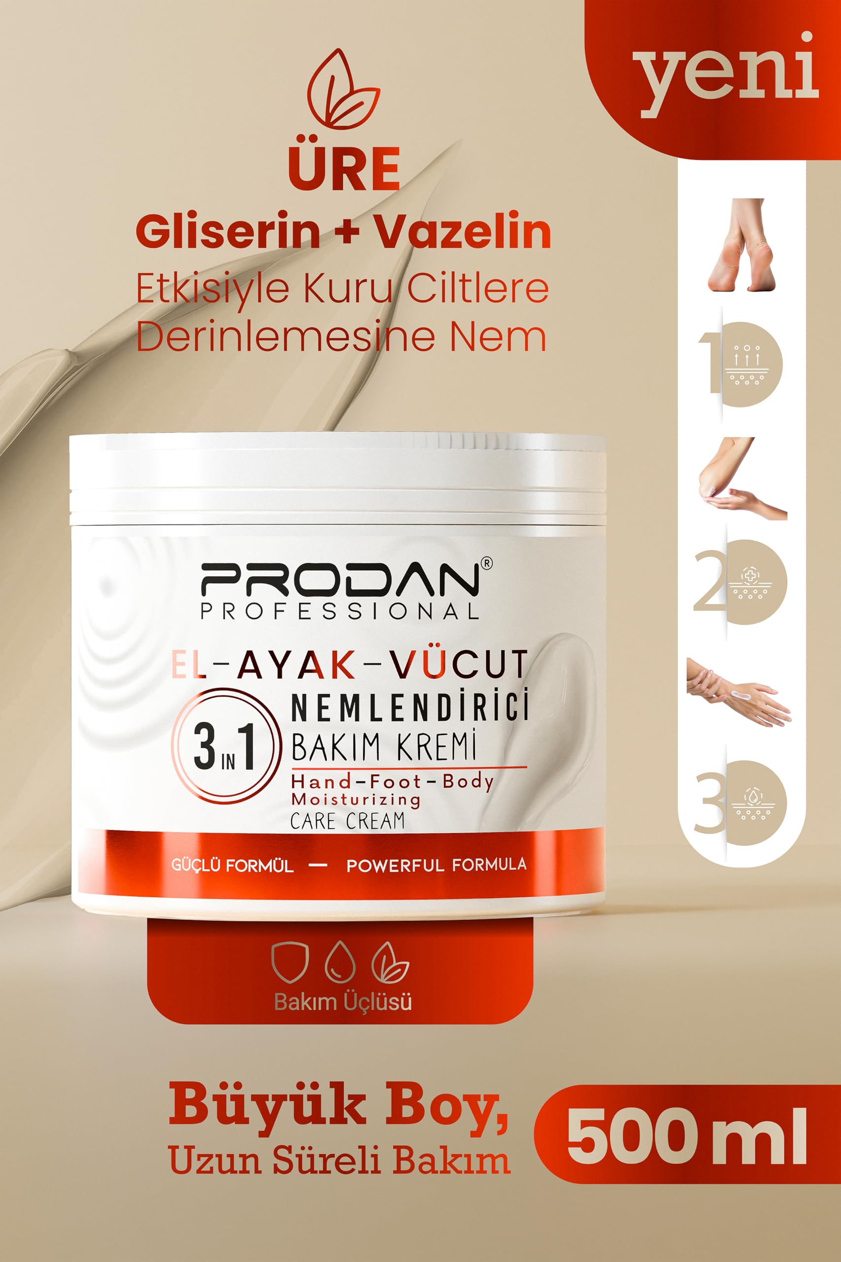 El, Ayak & Vücut Nemlendirme Kremi 3'Ü 1 Arada Üre Destekli, Yoğun Yenileme ve Koruyucu 500 ml