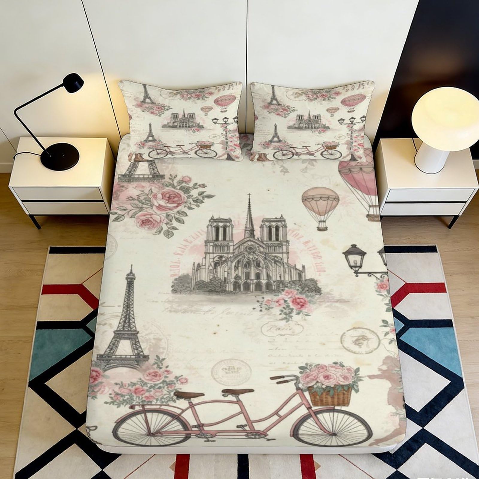 Pnayamiorkfel Style-2 3D Printed Paris Landmark Fitted Sheet Microfiber Soft Floral Vintage Bicycle Mattress Cover For Bedroom Guest Room Decor 90X200x25cm