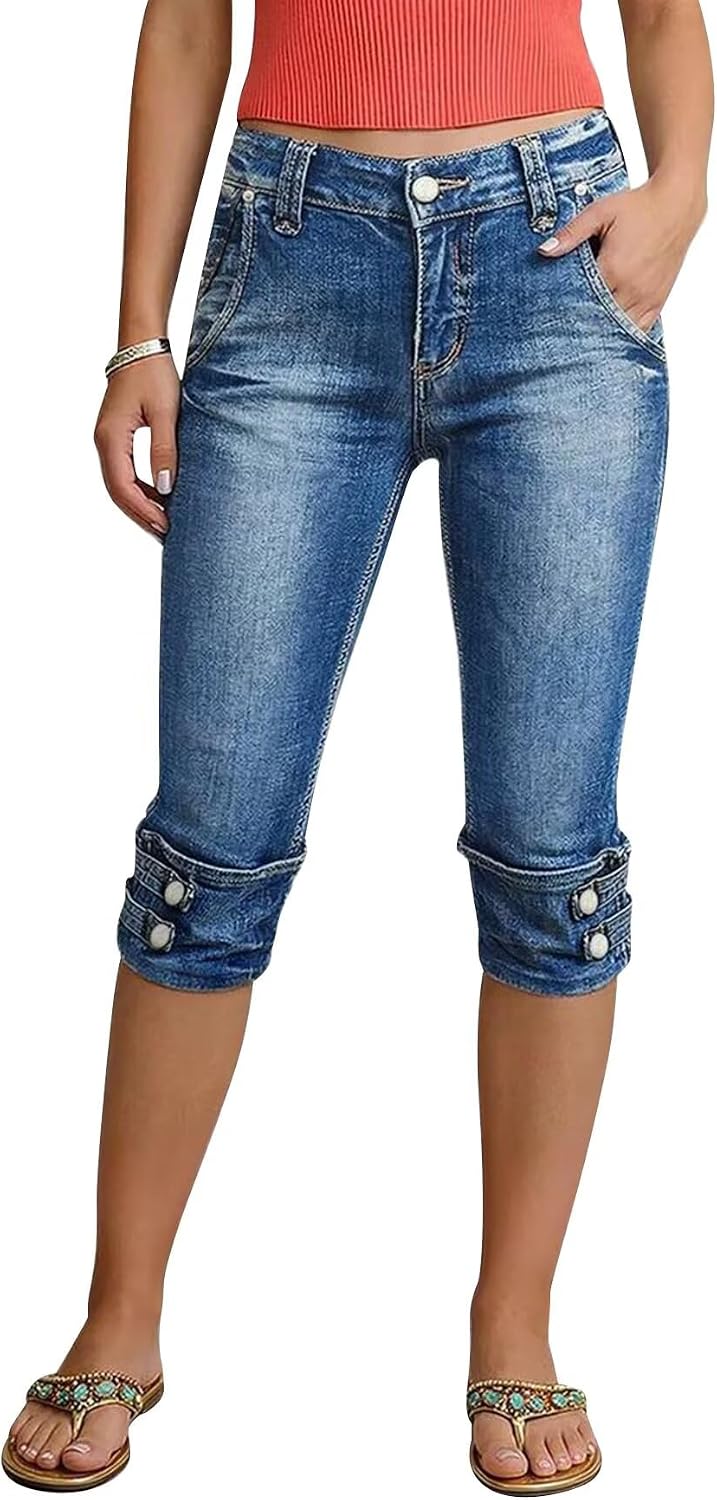 Flamingals Mid Waist Capri Jeans for Women Skinny Button Tab Stretchy Butt Lifting Denim Capris Jeans
