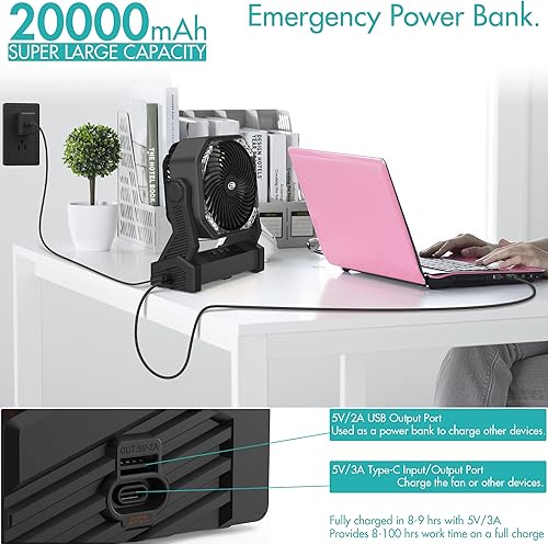 Miniatura 2 de Ventilador de camping con linterna LED, 20000 mAh, recargable, funciona con pilas, para exteriores, con luz y gancho, pivote de 270, 4 velocidades,