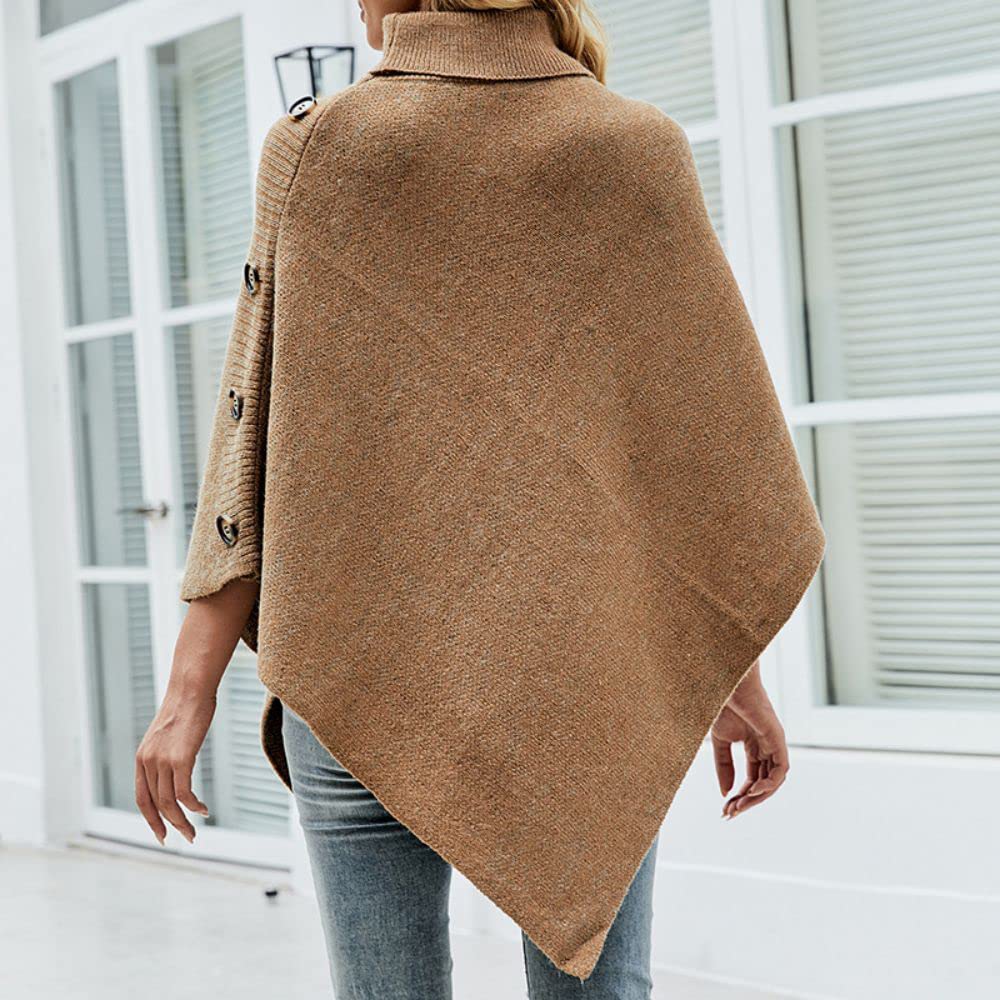 JFAN Poncho para Mujer Elegante Capa de Cuello Alto Jersey de Punto con Cuatro Botones Otoño/Invierno