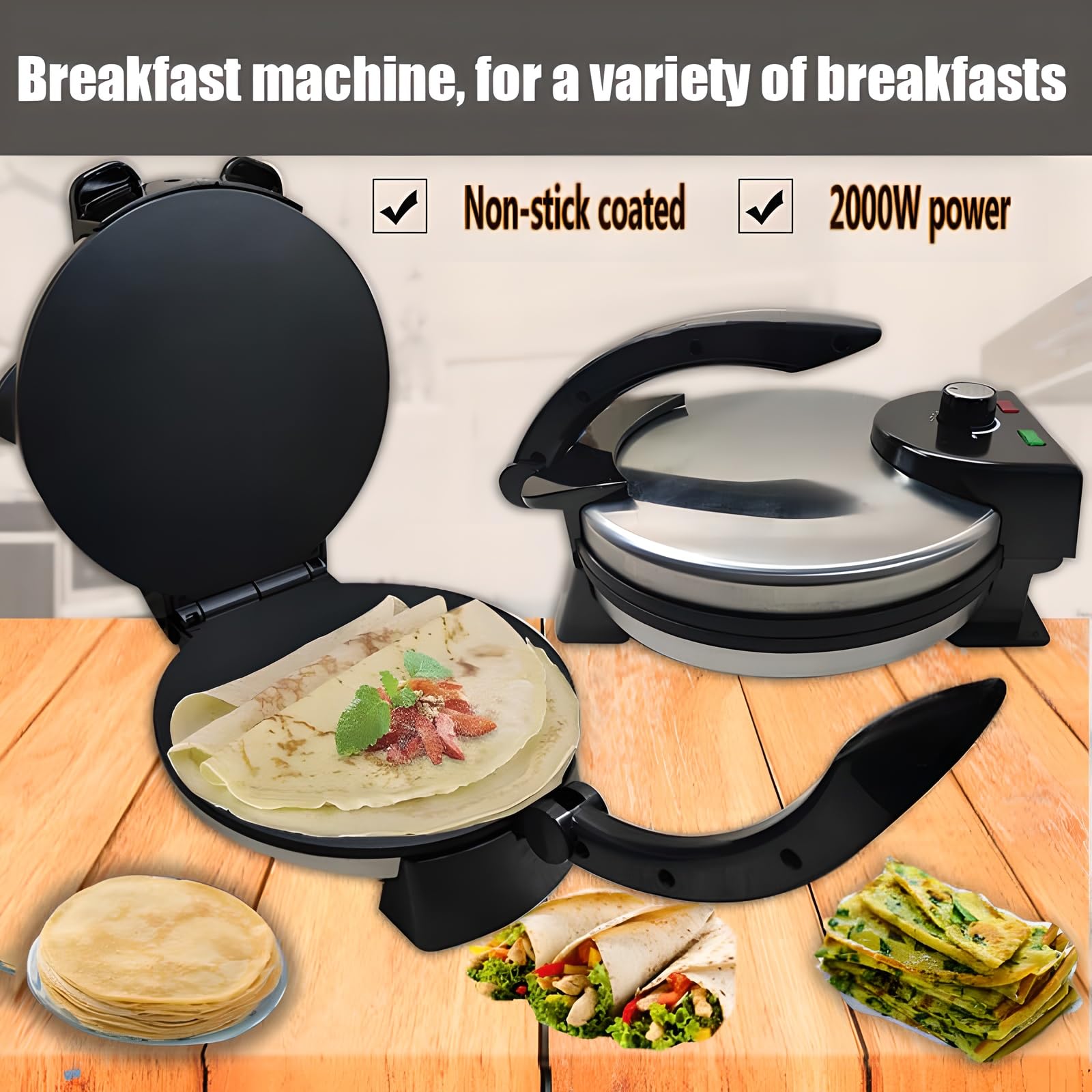 2000 W Electric Roti Maker, Tortilla Maker de 12 Pouces, Machine À Tortilla Chapati Automatique À Température Réglable, Surface Antiadhésive, Chauffage Double Face, pour Les Crêpes, Les Tacos