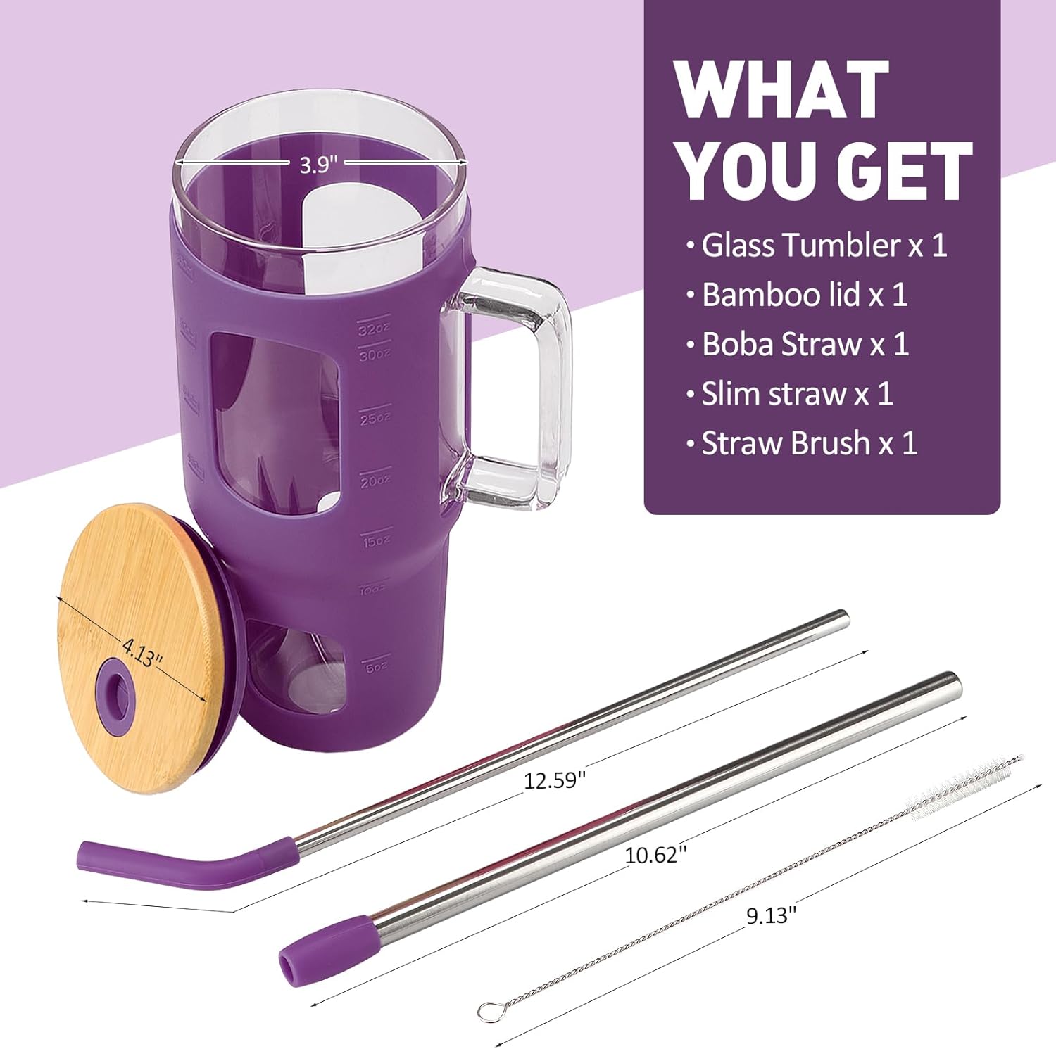 Glass Tumbler with Straw & Lid, 32 oz Glass Cup with Handle, Water Bottles with Time Marker - 2 Straws & Silicone Protective Sleeve Dark Purple - Image 2