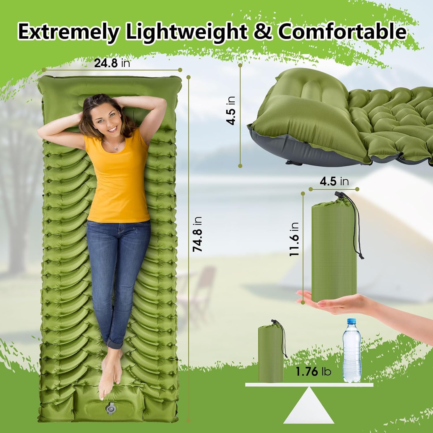 Matelas de camping gonflable avec oreiller, pompe à pied intégrée, tapis compact pour camping, randonnée, voyage, tente (vert)