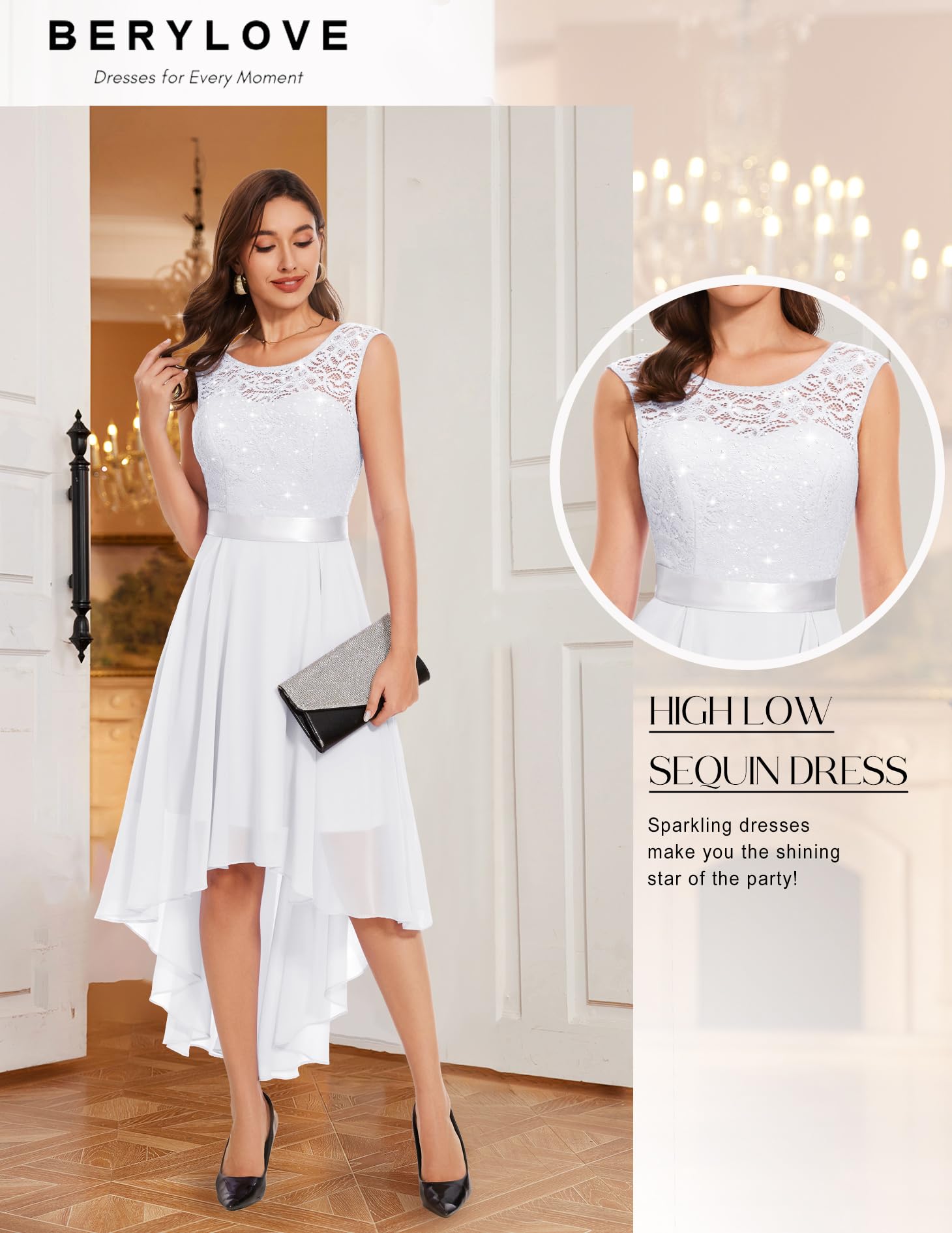 Berylove Vestido de Encaje para Mujer Elegante Vokuhila Vestido de cóctel Sin Mangas Vestido de Noche Vestido de Gasa para Dama de Honor