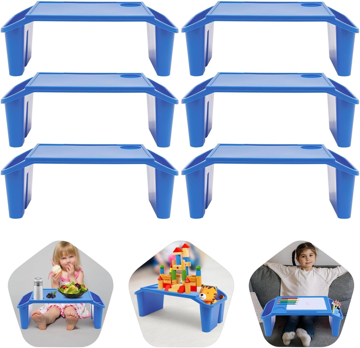 6 Pcs Kids Lap Desk Tray Set, Portable 19.7×9.8×7.1In Plastic Breakfast & Snack Trays with Side Pockets, Ideal for Family & School Use (Blue)