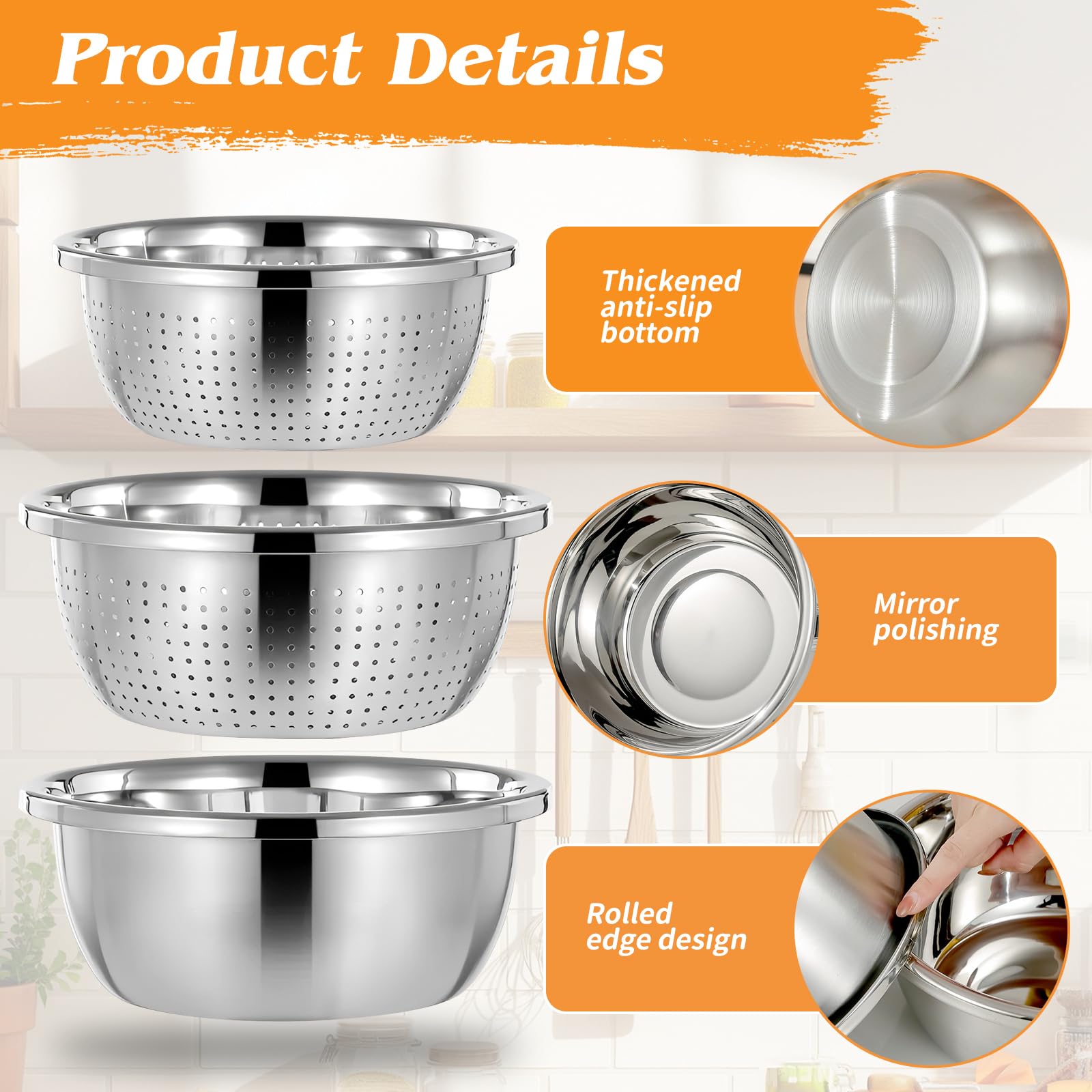 3 Stück Edelstahl Seiher Schüsselset, Ø26/22cm Küchensieb 26cm Rührschüssel Nudelsieb Durchschlag Sieb Set Reissieb Metallsieb zum Waschen von Reis Salat Obst Gemüse