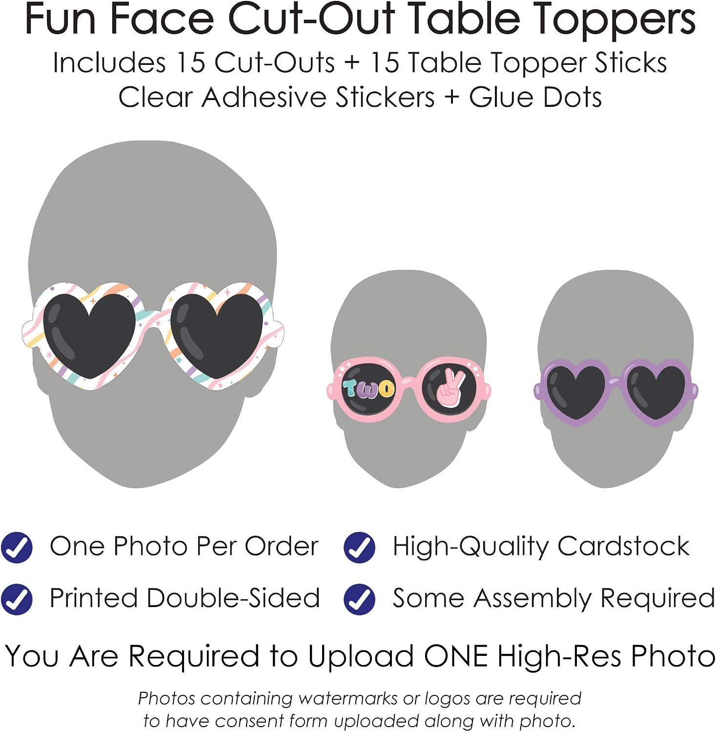 Big Dot of Happiness Custom Photo Two Cool - Girl - Pastel 2nd Birthday Party Centerpiece Sticks - Fun Face Table Toppers - Set of 15