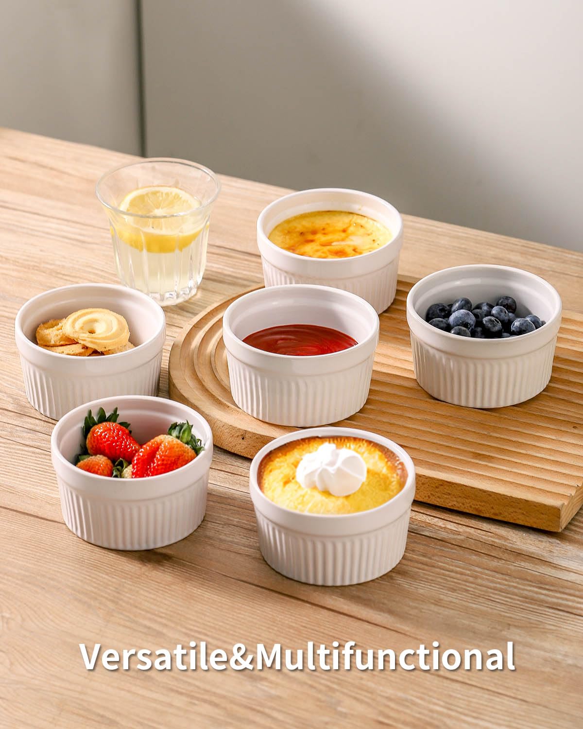ONEMORE Ramekins, Creme Brulee Ramekins 8 oz Oven Safe White Porcelain Small Baking Dishes for Individual Serving, Fluted Shallow Soufflé Dishes Quiche Dish Mini Tart Pans Sauce Ramekin Set of 6