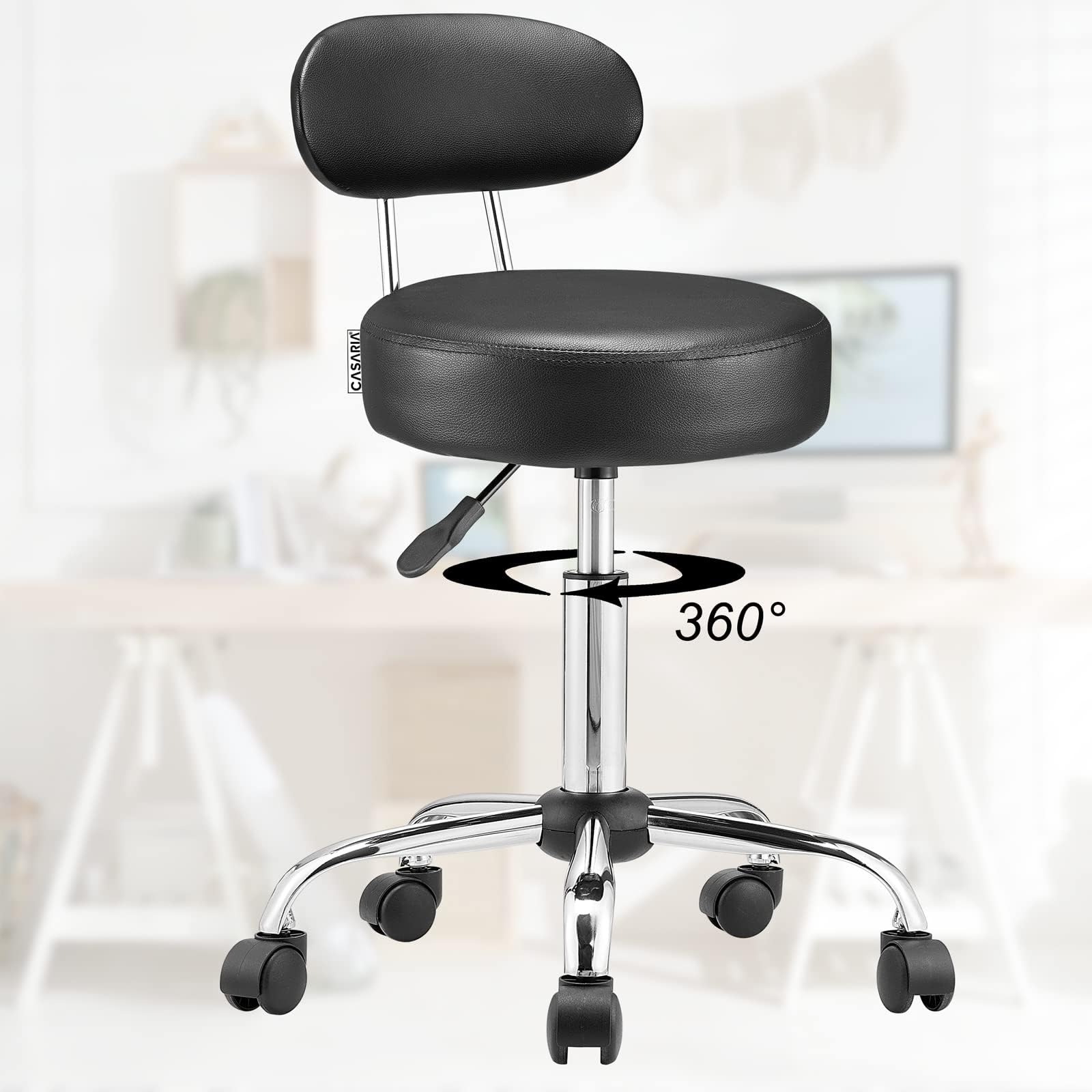 Casaria® Rollhocker mit Lehne Höhenverstellbar 10cm Polsterung 360°C Drehbar 46-60cm Sitzhöhe Küche Bürohocker Drehhocker Arbeitshocker Hocker Schwarz