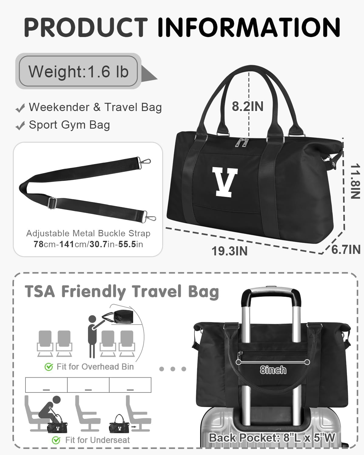 Dance Gym Duffel Bag Gifts for Girls Teen,Personalized Initial Travel Weekender Bag Cute Overnight Carry On Cheer Dance Duffle Bagfor Women,Sports Travel Monogram Birthday Christmas Gifts(Letter V) - Image 6