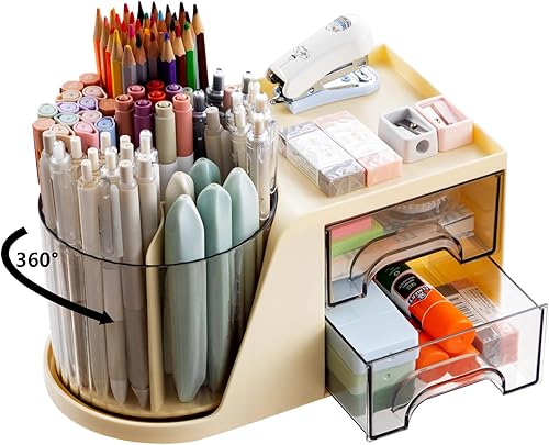 Organizador de escritorio, soporte giratorio de 360 grados para bolígrafos con 6 compartimentos, caja de almacenamiento de suministros de arte para