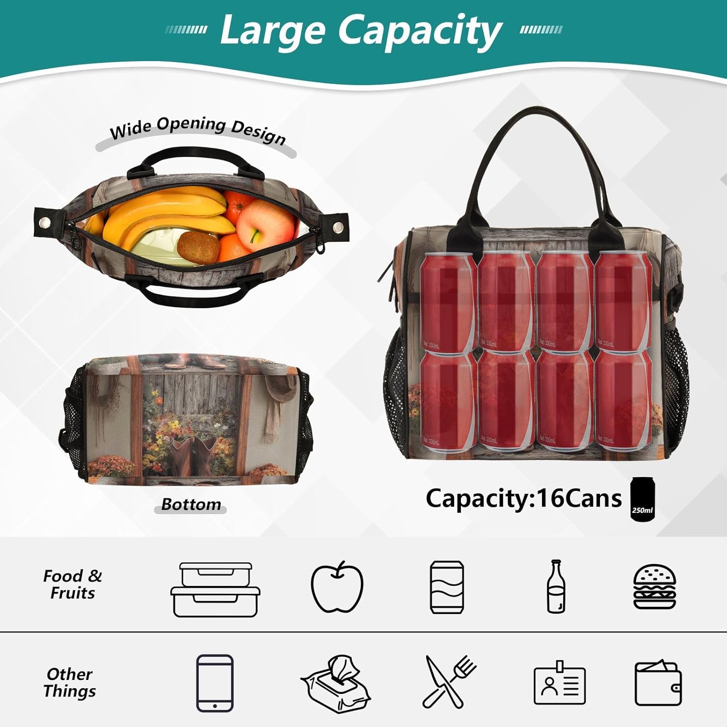 Western Cowboy Boots Floral Lunch Bag Reusable Lunch Box for Office Picnic Hiking Beach, Insulated Cooler Tote Food Container with Adjustable Shoulder Strap for Men Women Adults