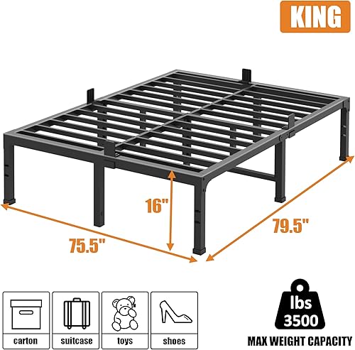 Miniatura 58 de FUIOBYVV Marco de cama King con plataforma de metal resistente de 14 pulgadas, soporte de cama tamaño King de hasta 3500 libras, no necesita somier,