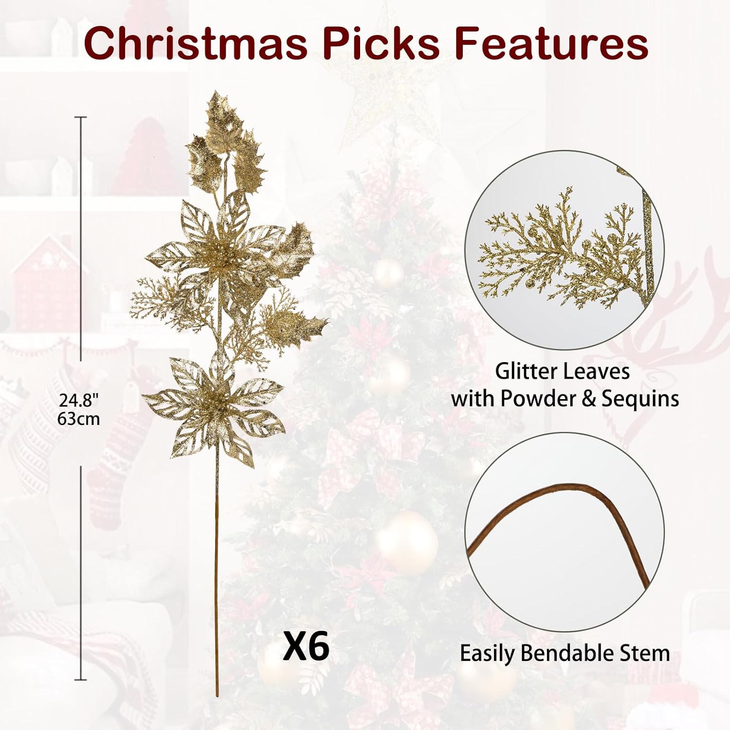 6 Pcs Christmas Tree Picks 25 Inch Glitter Christmas Flowers Poinsettia Glitter Christmas Picks Sprays with Flowers Holly Leaves Pine Needles for Xmas Tree Ornaments Fireplace Wreath - Champagne