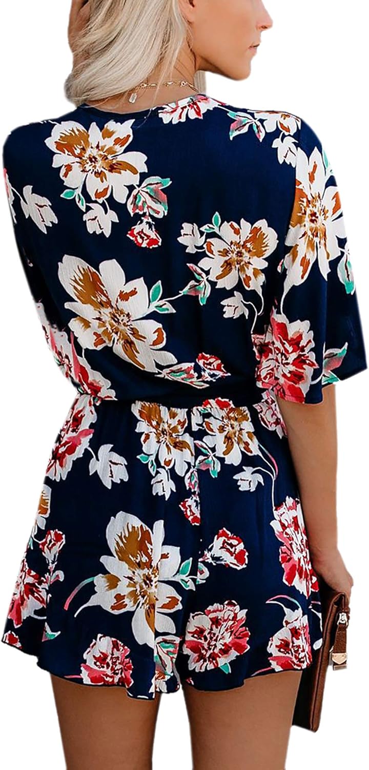 AIMCOO Women's Summer Deep V-Neck Floral Print Romper Ruffle Hem Half Flared Sleeve Jumpsuits Waist Tie Casual Short Rompers - Image 2