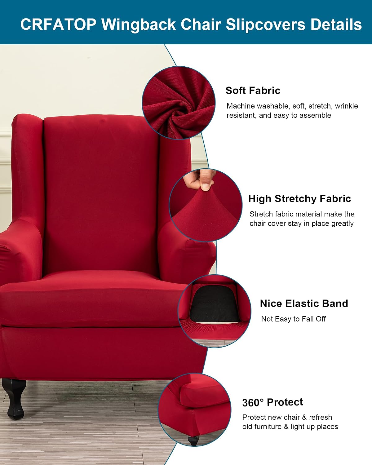 CRFATOP 2 Piece Stretch Wingback Chair Cover Solid Wing Chair Slipcovers Spandex Fabric Wingback Armchair Covers with Elastic Bottom for Living Room Bedroom Wingback Chair,C64