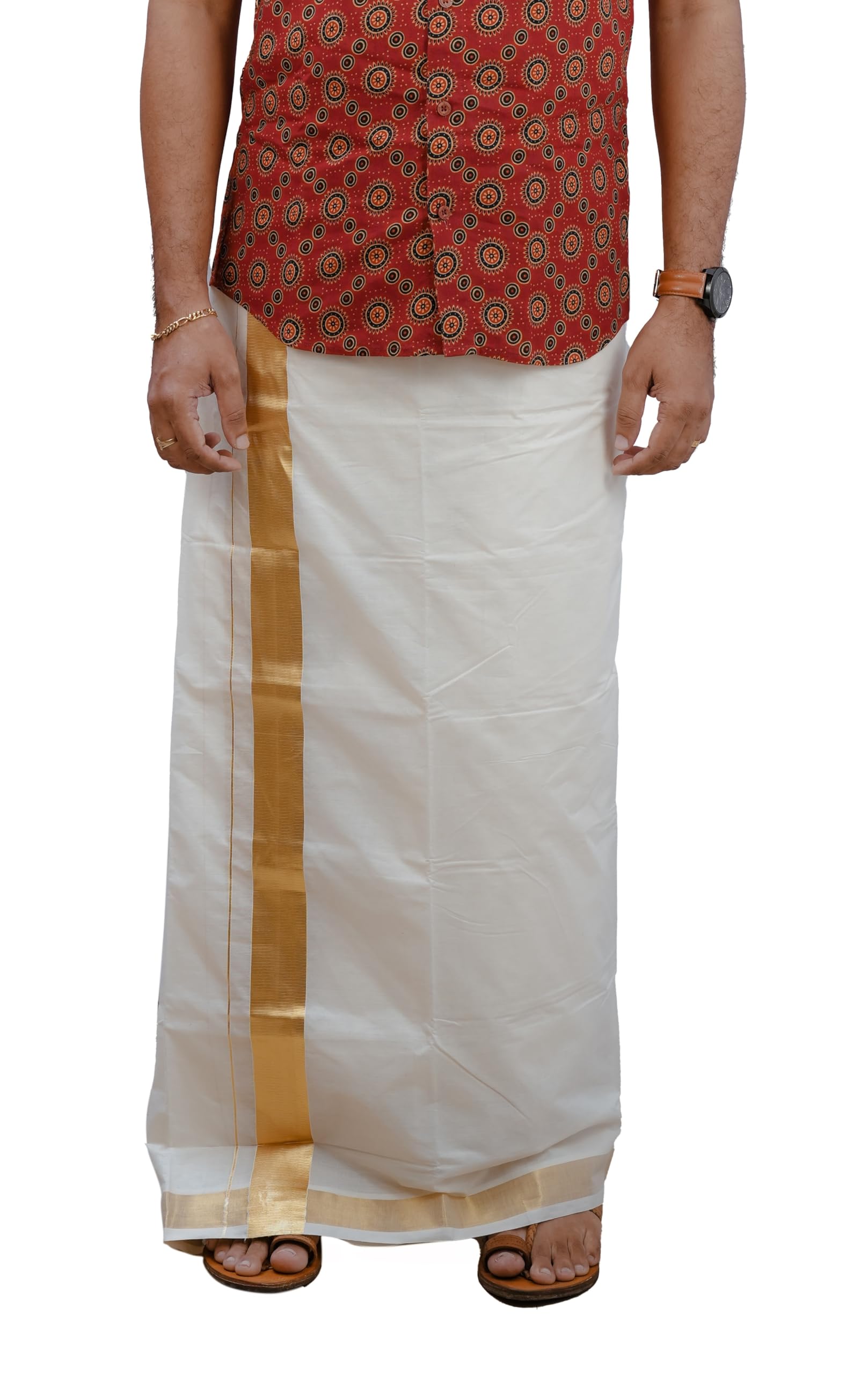 Men’s Dhoti/Veshti – Pure Cotton Double Layer Mundu with 2" Golden Kasavu Border | Traditional Wear