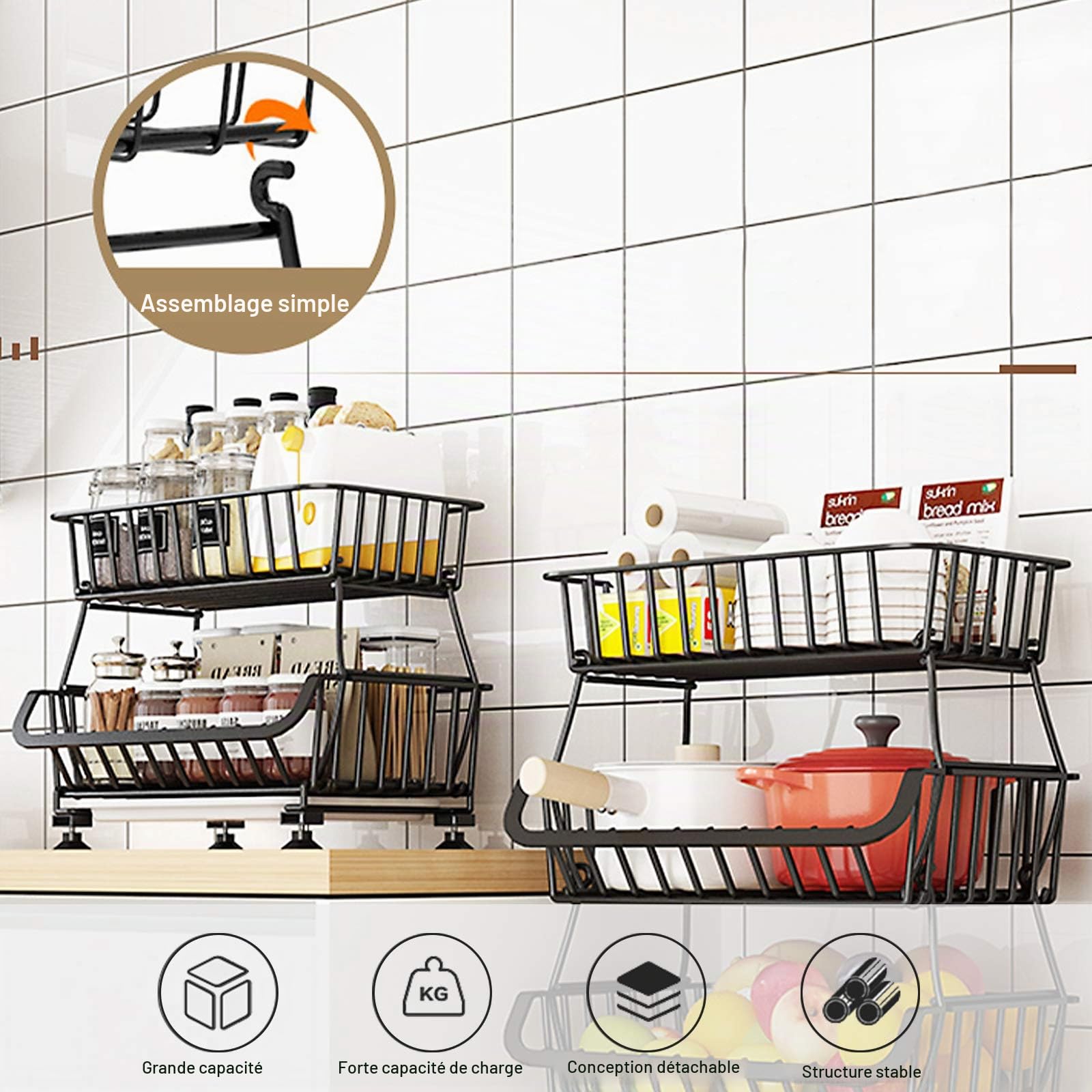BRIAN & DANY Porte-Fruits avec Roues et Couvercle, Support Utilitaire de Panier de Fruits Roulant empilable à 4 Niveaux, paniers de Cuisine avec Roues