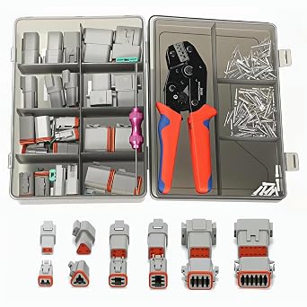 212PCS 12 Kits DT Connector with Crimping Tool & Terminal Removal Tool for Deutsch Connector Kit, 2 3 4 6 8 12 Pin Automotive Electrical Connectors & Size 16 Stamped Contacts for Car Marine Wiring