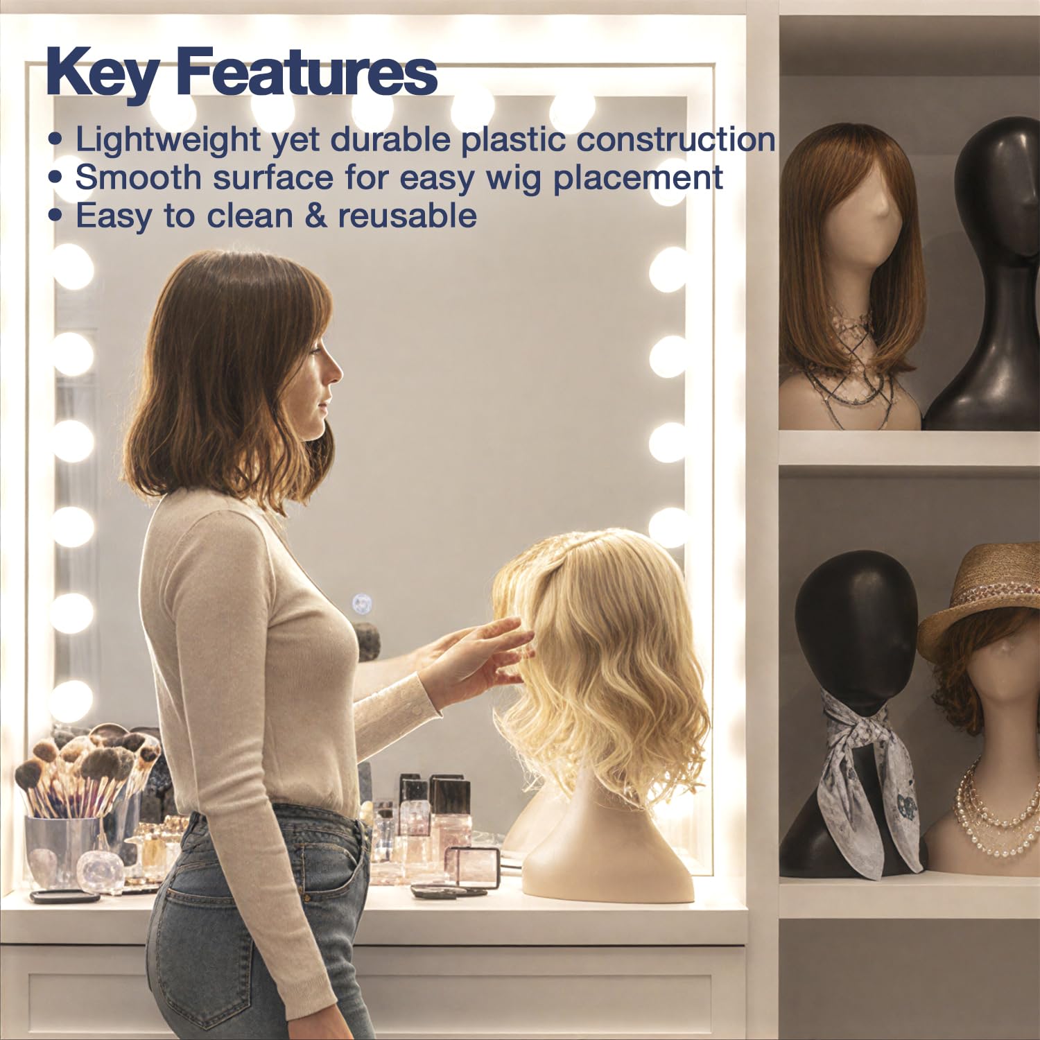 16 Inch Studio Limited Professional Plastic Mannequin Head Durable Women Model Wig Head Stand Torso Styling Making Display Holder with Jack for Wigs, Hat, Mask, Headdress, Necklace (Black, 3 Pack)