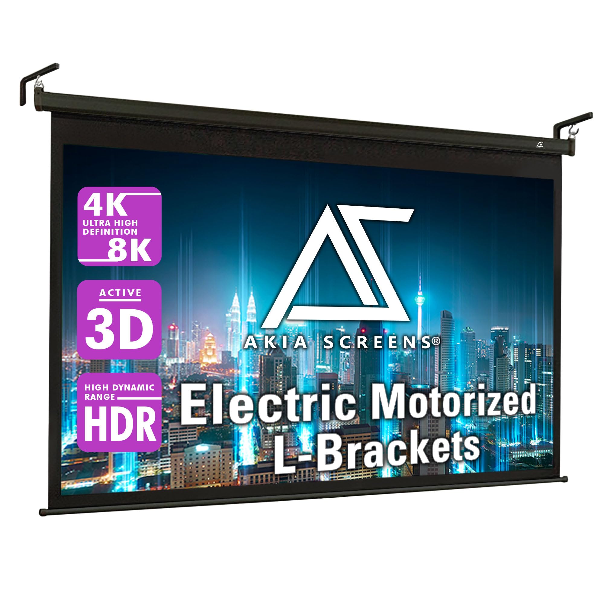 Akia Screens 125 inch Motorized Projector Screen 16:9 Programmable Vertical Drop Position Ceiling Mount or Wall Mount Retractable Projection Screen with 10 inch Bracket, AK-MOTORIZE125H2 and AK-ZLB10B