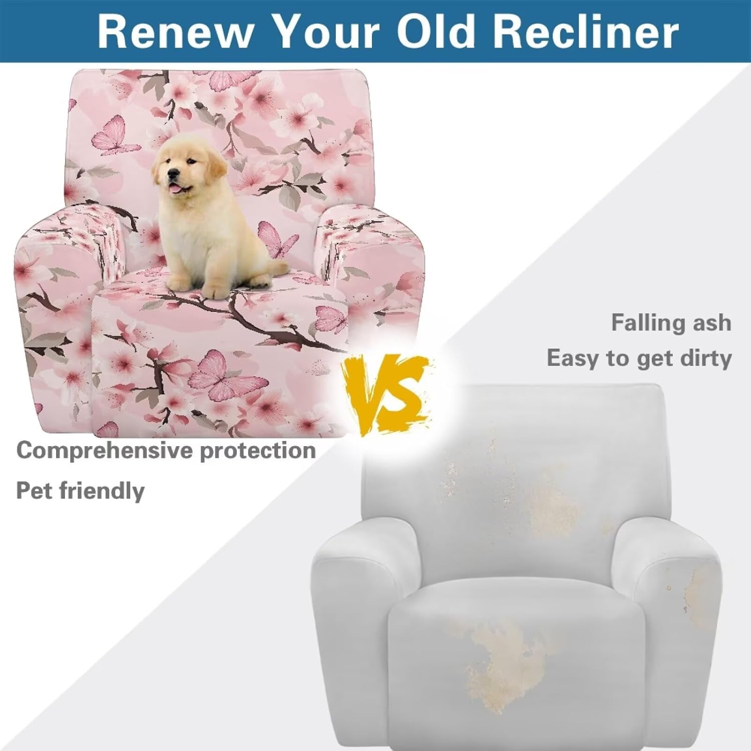 Talayituse Butterfly Cherry Blossom Print Recliner Cover with Pockets 4-Pieces Reclining Slipcover Lazy Boy Recliner Armchair Cover with Elastic Bottom for Recliner Furniture Protector for Kid Pet