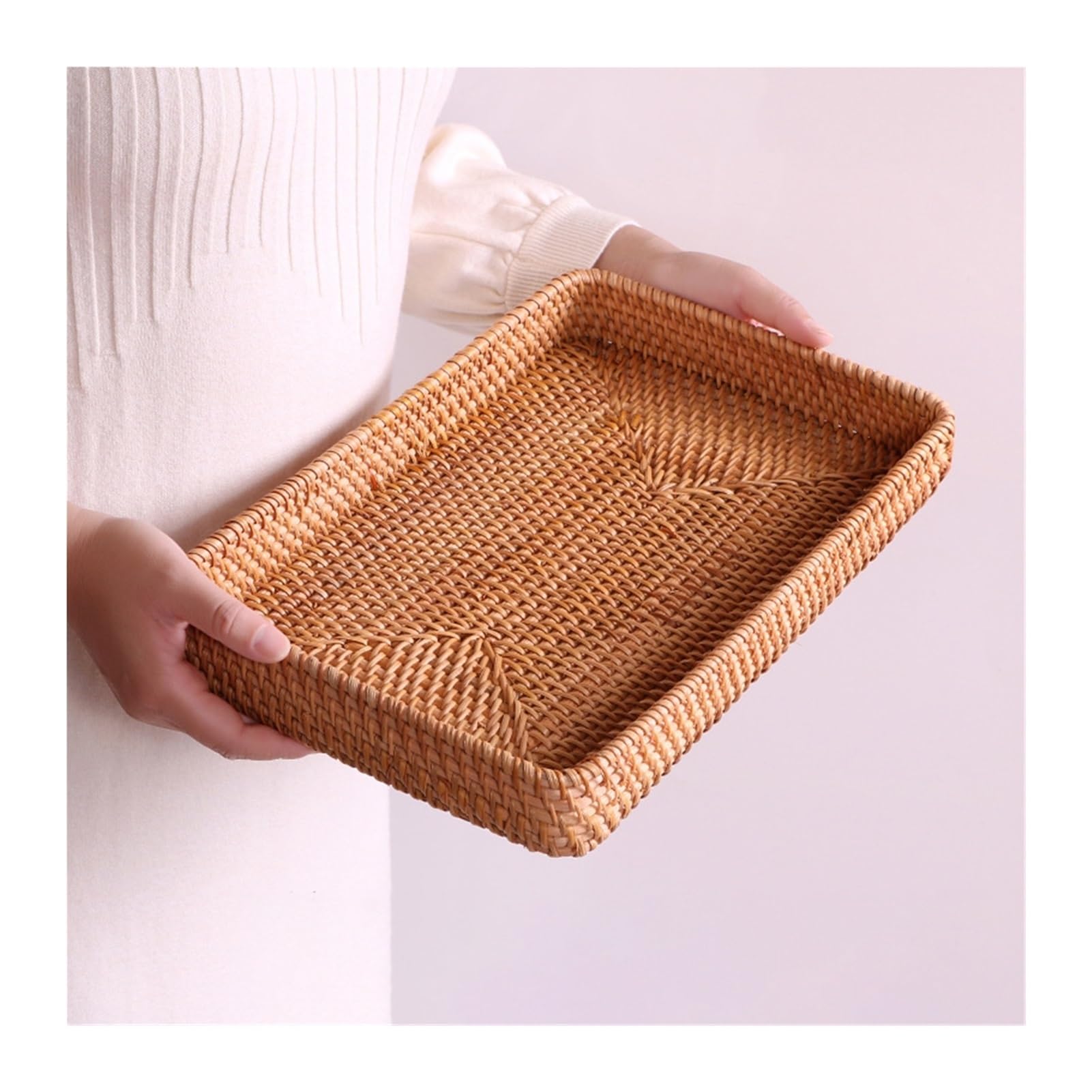 14.5" Natural Rattan Storage Baskets Rattan Serving Tray Wicker Bread Basket Fruit Basket Hand Woven Food Baskets for Kitchen Counter, Living Room, Bathroom